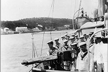 The crew of CGS Canada performing naval militia drills on their winter 1905 cruise to Bermuda.