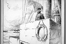A November 1909 Toronto Globe political cartoon shows Prime Minister Wilfrid Laurier at the helm of the future navy, navigating the conflicting nationalist and imperialist sentiments generated by the issue.