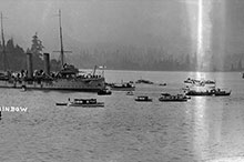 HMCS Rainbow watches over the SS Komagata Maru in Vancouver, July 1914.