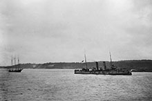 HMCS Rainbow returns to Esquimalt with the captured German schooner, Leonor, May 1916.