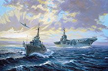 John Horton, The Changing Fleet After World War 2, with the carrier Magnificent conducting flight operations surrounded by her escort group of Tribal-class destroyers.