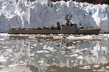 Although obsolete for operational purposes, the Mackenzie class found a new lease on life as the West Coast training squadron, enjoying deployments far and wide, such as this to Glacier Bay, Alaska.