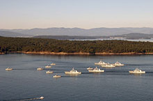 Maritime Operations Group 4, including all six of its assigned Kingston-class coastal patrol vessels, does a formation steam through the Gulf Islands, British Columbia.