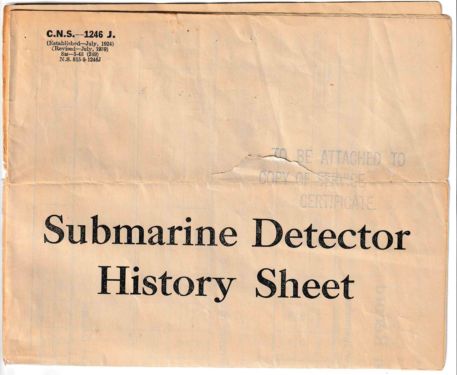The cover sheet of the submarine detectors test taken by AB Harrison.