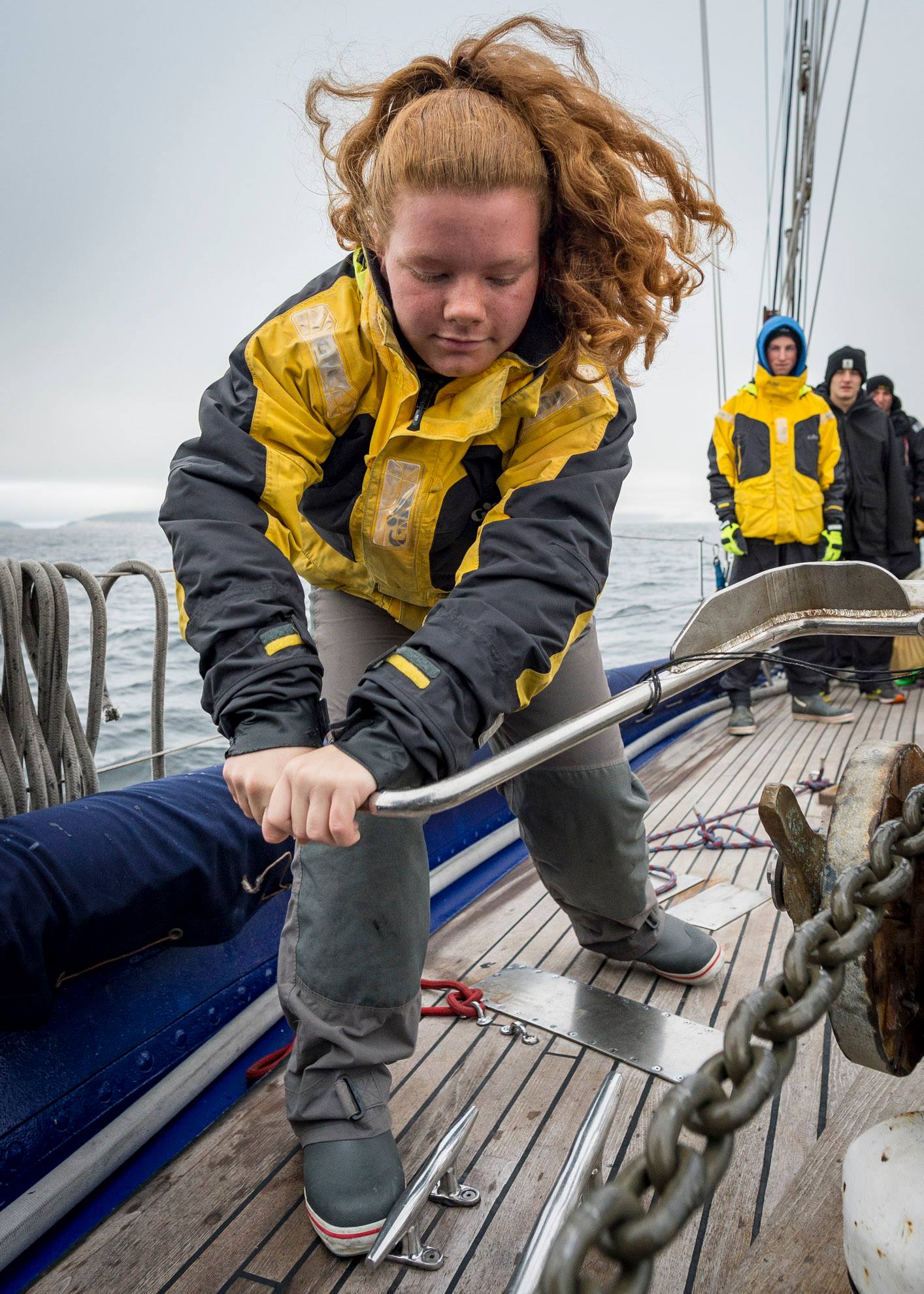 During time onboard the sail training vessel HMCS Oriole, sea cadets learn how to raise the anchor.